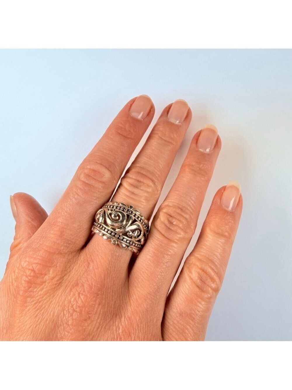 Dome Ornate Scroll & Filigree Dotted 925 Sterling Silver 16.5mm Vintage Ring - Picture 3 of 10